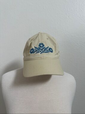 Embroidered Corelle Wear Pattern Baseball Cap in Cream and Blue